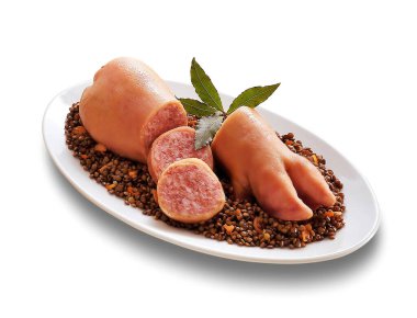 Stuffed pig foot and lentils traditional Christmas dish clipart