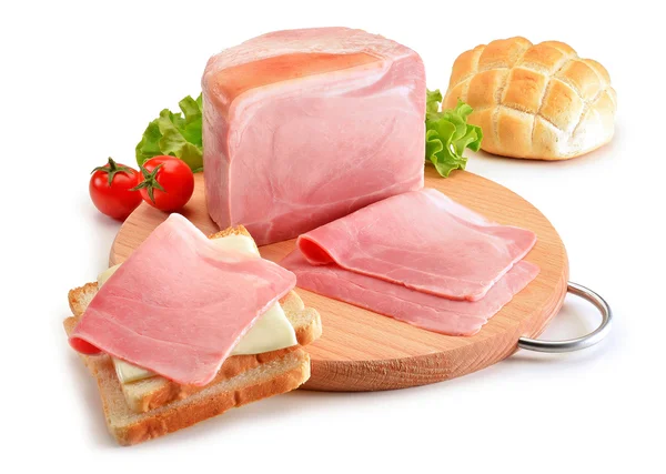 Round cutting board with ham and Sandwich — Stock Photo, Image