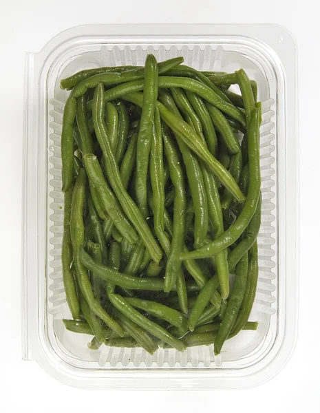 Plastic Tray with Steamed Green Beans — Stock Photo, Image