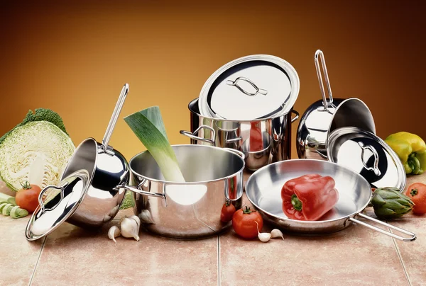 Battery steel Pots with Ingredients — Stock Photo, Image