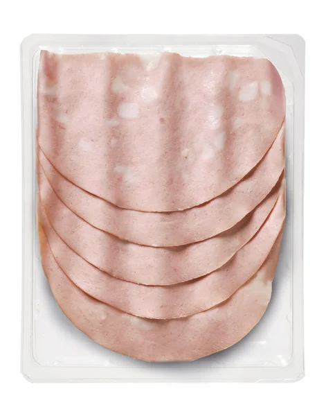 Tablett mit vorgeschnittenem Mortadella Bologna Schweinefleisch — Stockfoto