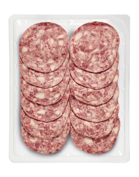Tablett mit Schweinefleisch gekochte Salami mit Leber verpackt — Stockfoto