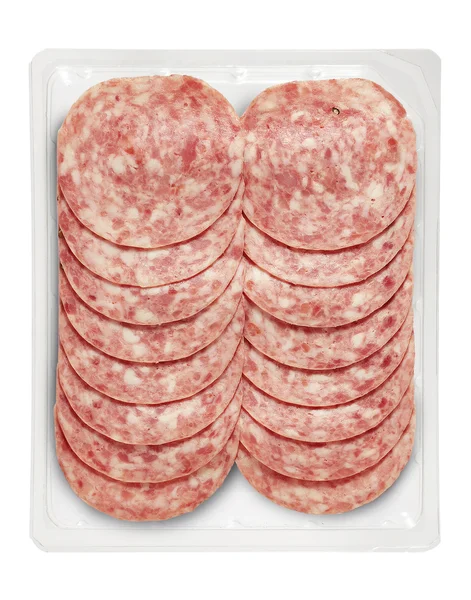 Tablett verpackt mit Schweinefleisch gekochte Salami — Stockfoto