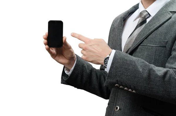 Businessman in a suit with gadget — Stock Photo, Image