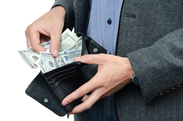 ドルと男性の手に財布 — ストック写真