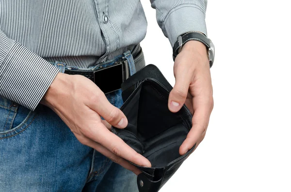 Plånbok med inga pengar i manliga händer — Stockfoto