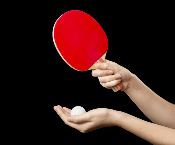 Hands with racket and ball for table tennis — Stock Photo, Image