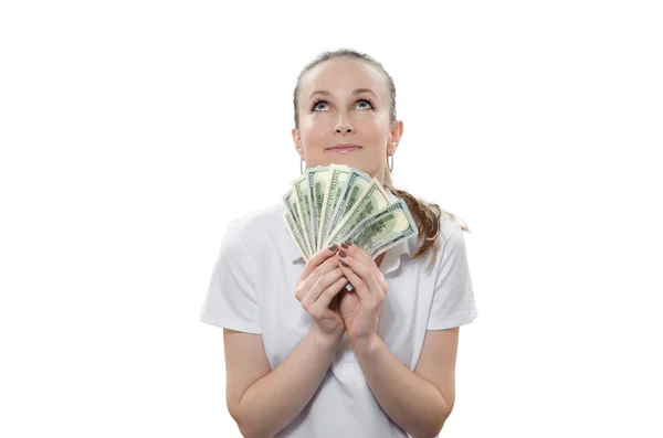 Mooie blonde met geld in de hand — Stockfoto