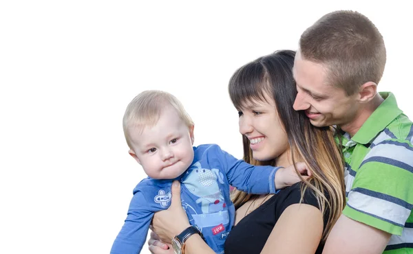 Young family with a baby white background — Stock Photo, Image