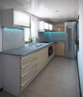 L şeklindeki mimari mutfak iç, 3d render