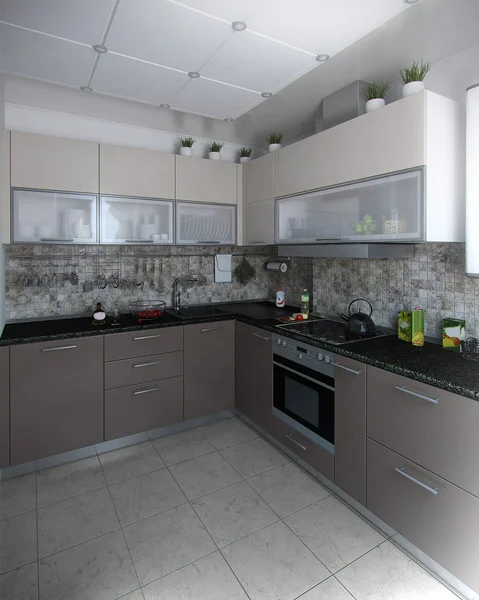 Modern kitchen interior design, 3D render — Stock Photo, Image