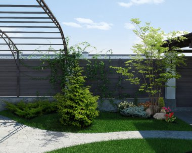 Backyard landscaping and garden design, 3d render clipart