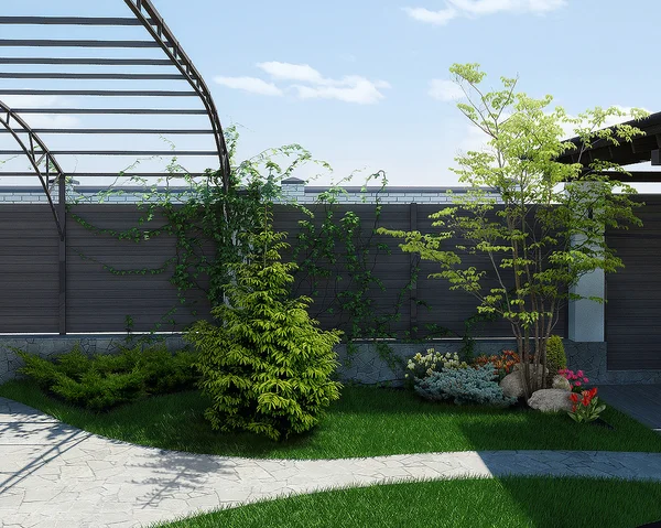 Backyard landscaping and garden design, 3d render — Stock Photo, Image