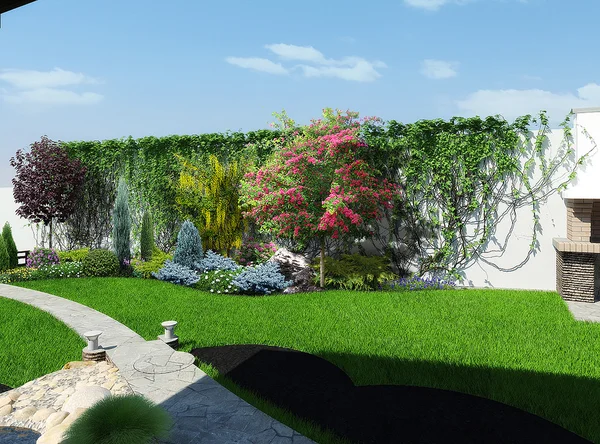 Paisagismo quintal e design de jardim, renderização 3d — Fotografia de Stock