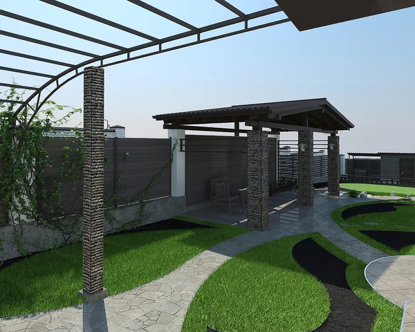 Rozmieszczenie patio przestrzeni życiowej, 3d render — Zdjęcie stockowe