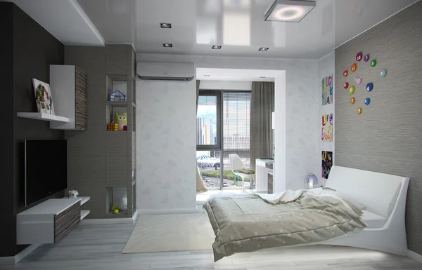Diseño de interiores de dormitorio para niños, 3D render —  Fotos de Stock