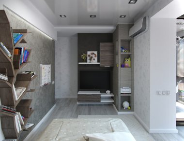 Kids bedroom interior design, 3D render clipart