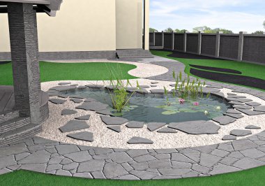 Hardscapes ve su Bahçe, 3d render