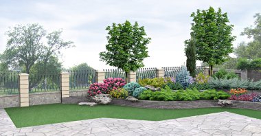 Ön bahçede yeşil, 3d render dikim