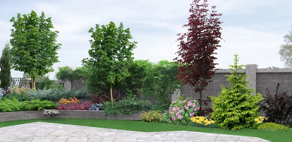 一边的院子里种植绿色植物，3d 渲染 — 图库照片
