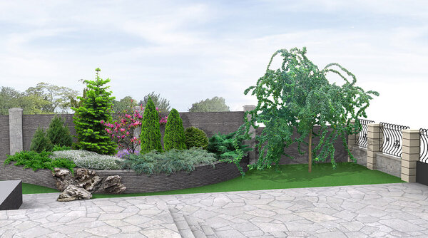 Front yard planting of greenery, 3d rendering