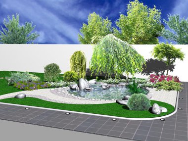 Hardscapes ve koi pond, 3d render
