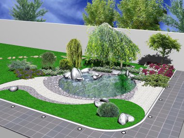 Hardscapes ve koi pond, 3d render