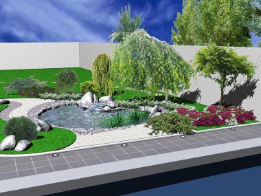 Hardscapes ve koi pond, 3d render