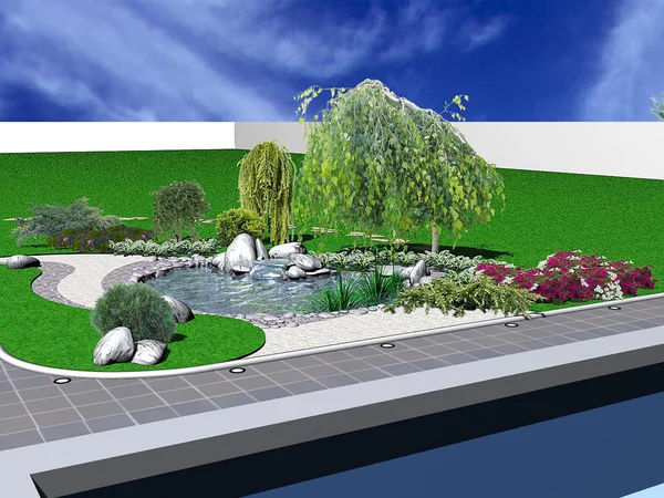 Hardscapes και koi pond, 3d rendering — Φωτογραφία Αρχείου