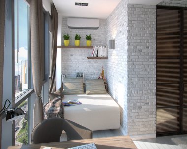 Modern yatak odası balkon, 3d render
