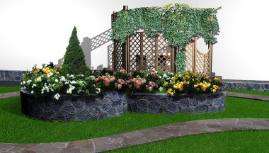 Çiçekli peyzaj Bahçe, 3d render