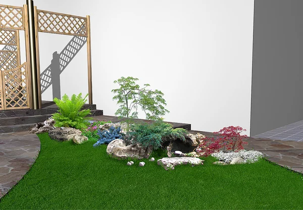 园林绿化种植绿色植物，3d 渲染 — 图库照片