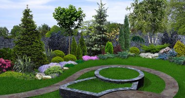 Yeşil, 3d render arka bahçe dikim