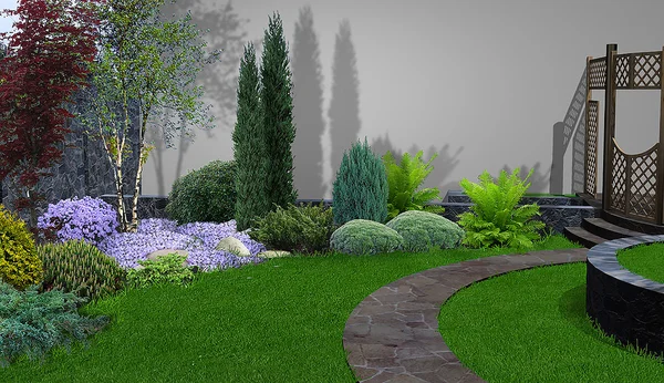 Podwórku sadzenia zieleni, 3d render — Zdjęcie stockowe