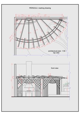 Ayrıntılı veranda pergola ve şömine çizimi