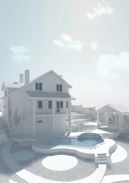 Kształtowanie krajobrazu przy basenie i patio, renderowanie 3D — Zdjęcie stockowe