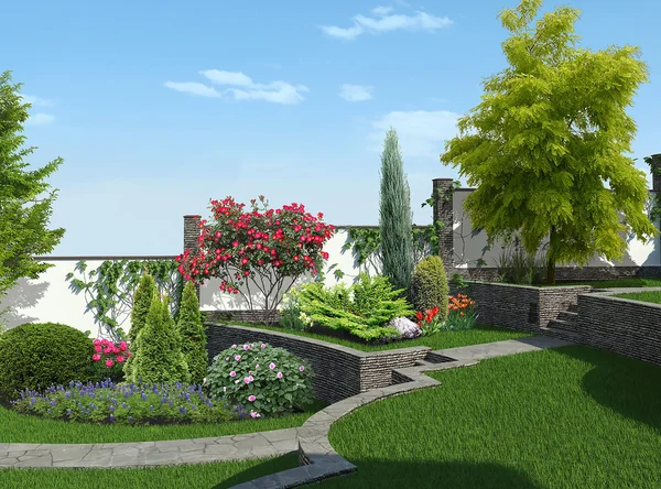 Achtertuin tuinbouw achtergrond, 3D-rendering — Stockfoto