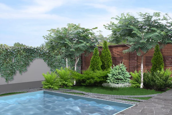 Patio lateral junto a la piscina, renderizado 3d — Foto de Stock