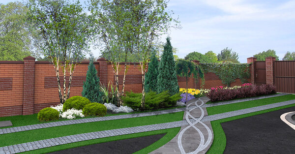 Front yard horticultural background, 3d render