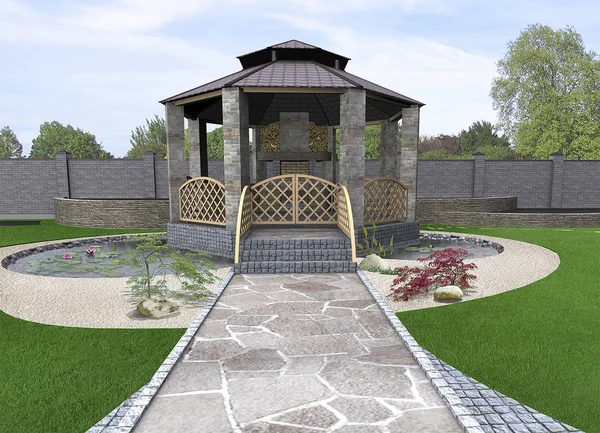 Koi lagoa e gazebo exterior, 3d renderização — Fotografia de Stock