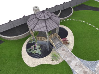 Koi pond ve balkon anteni, 3d render
