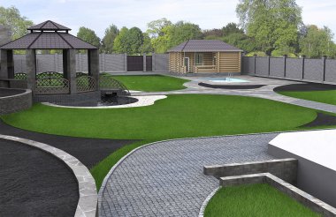 Geniş açı panoramik bahçesindeki 3d render