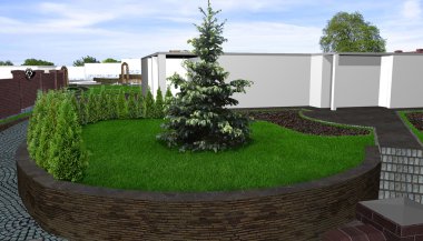 Ön bahçede yeşil tasarım özellikleri, 3d render