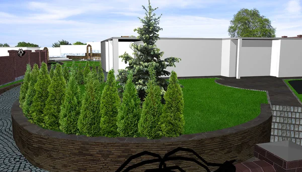 Voortuin groene ontwerpkenmerken, 3d render — Stockfoto