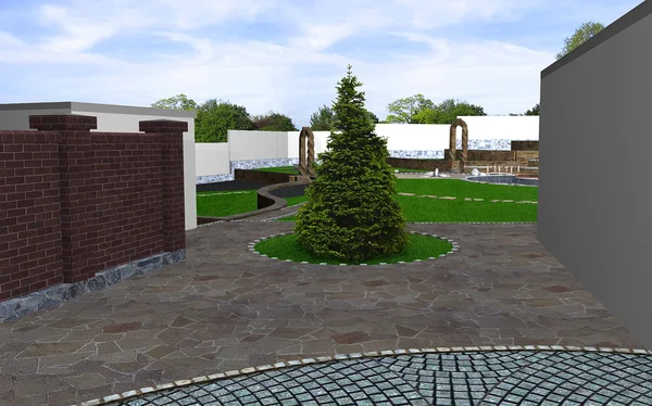 Caratteristiche di progettazione verde cortile anteriore, rendering 3d — Foto Stock