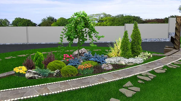 Podwórku ogrodniczych tło, 3d render — Zdjęcie stockowe