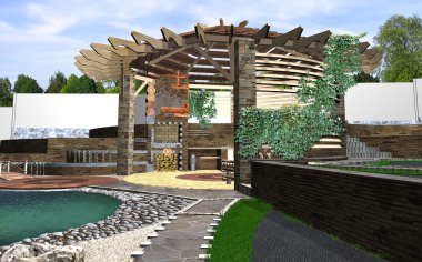 Çardak düşük açılı görünüş, 3d render