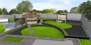 Banliyö Bahçe peyzaj geniş açılı görünüş, 3d render