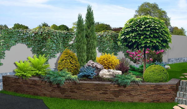 Veranda Bahçe arka plan, 3d render — Stok fotoğraf
