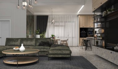 Çağdaş tarz oturma odası düzenleme ve apartman düzeni, 3 boyutlu illüstrasyon